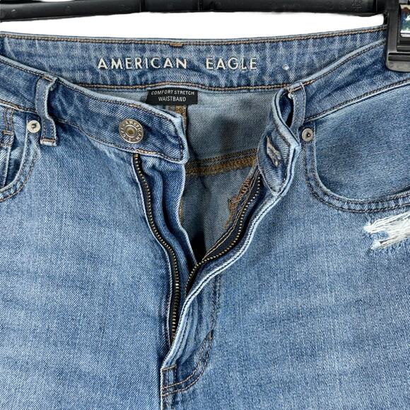 American Eagle SZ 12 Mom Jeans Distressed Rips Hi-Rise Zip-Fly Medium Wash Blue - Picture 4 of 12